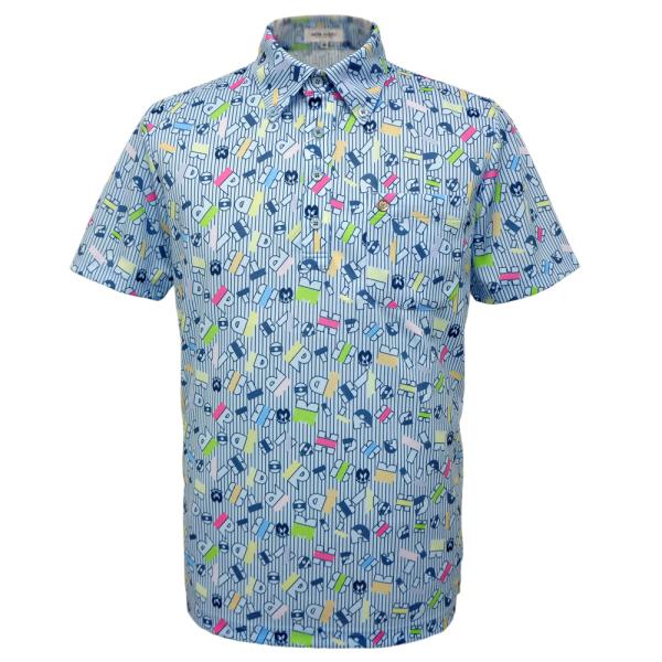 50%OFF 2024春夏 ミラショーン ストライプ総柄 半袖ボタンダウンポロシャツ (ブルーマルチ...