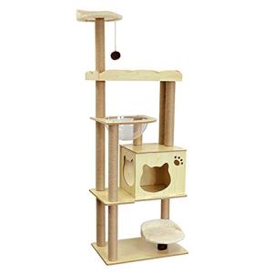 キャットタワー木製 猫タワー 据え置き型 透明宇宙船付き 麻紐爪とぎポール10本 高い土台2つ 転倒防止 運動不足解消 組み立て/お手に入れ