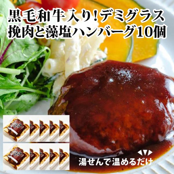 ハンバーグ 湯せん 黒毛和牛入り 海人の藻塩使用 “挽肉と藻塩ハンバーグ（ デミグラス ）10個セッ...