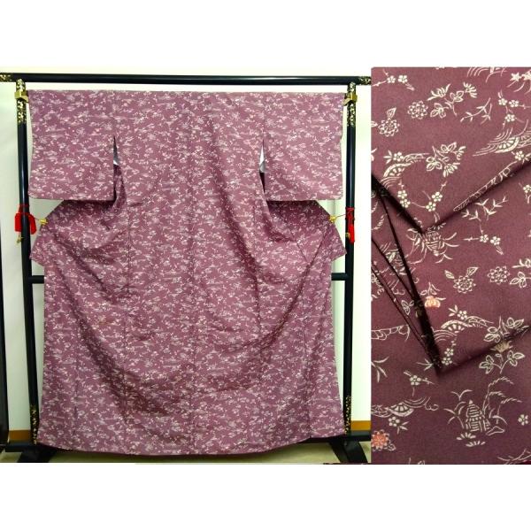 中古 リサイクル 洗える着物 袷仕立て 化繊 小豆色 茶や辻模様風 着丈163ｃｍ 910 ggp