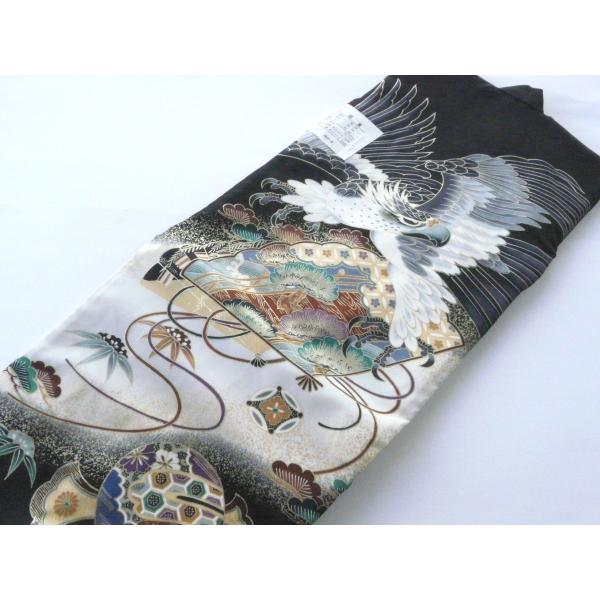 お宮参り 男児のしめ 黒地/鷹/松/扇面/小槌 正絹 祝着 028