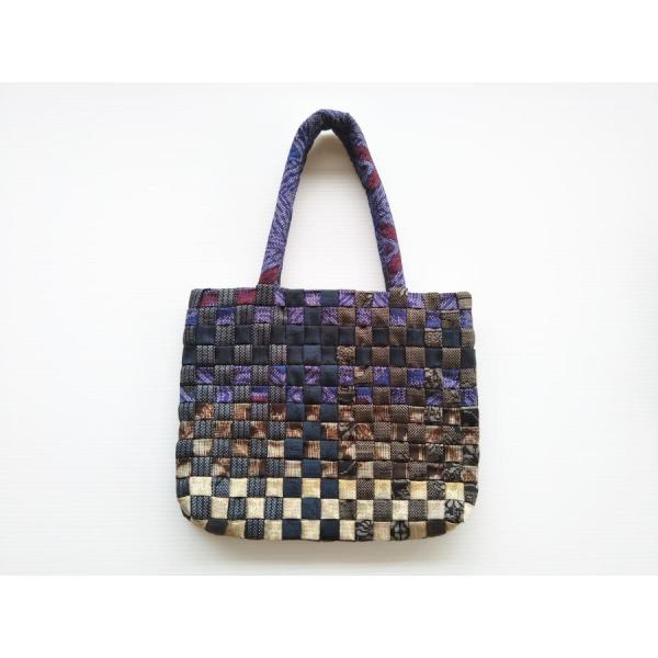 シルク100％ 正絹大島紬使用 格子編み トートバッグ 手提げ こげ茶 茄子紺 ベージュ 紫 002...