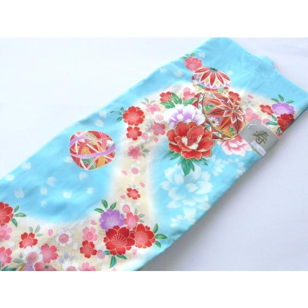お宮参り 女児のしめ 水色 雪輪/御殿毬/牡丹 金刺繍あり 正絹 祝着 032