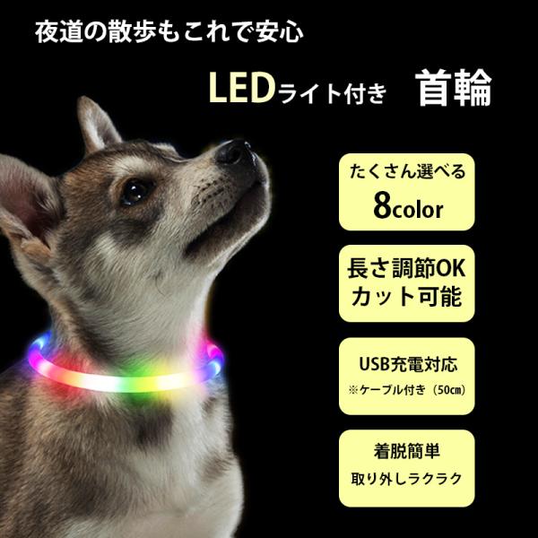 首輪 LED 光る おしゃれ 犬 小型犬 中型犬 大型犬 レインボー ライト 光る首輪 犬用 USB...
