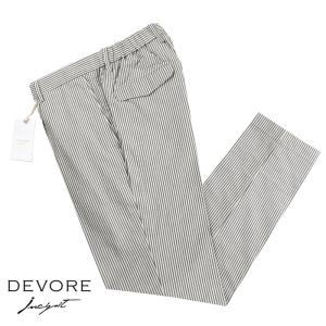 デヴォレ インチピット DEVORE incipit ／ 24SS コットンシアサッカーストライプ1プリーツシャーリングパンツ「LEISURE CHINO」（エクリュ×ネイビー）｜ikinakikonashi