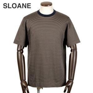 【SALE／返品・交換不可】スローン SLOANE ／ 60番手双糸コットンシルケットテンジクボーダー半袖クルーネックカットソー「T1142」（ネイビー×ベージュ）
