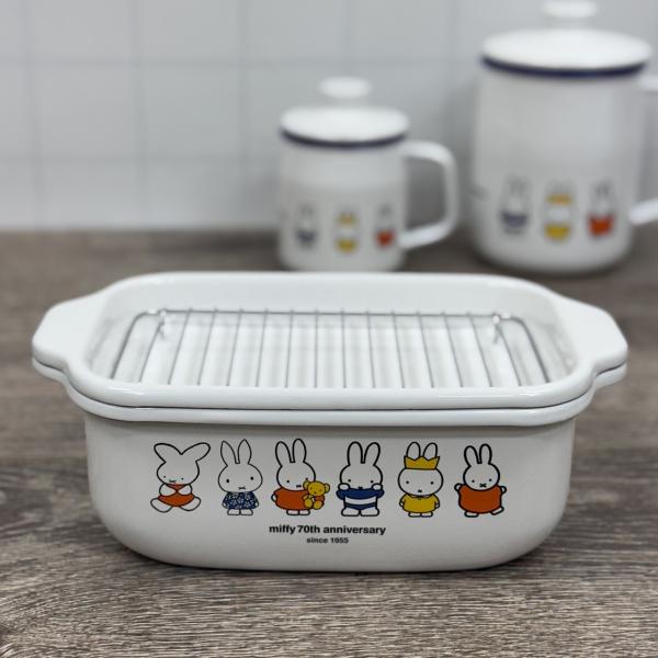 富士ホーロー ミッフィー70周年シリーズ 角型天ぷら鍋 MF70-TP20K HNM スノコ・温度計...