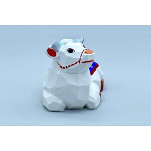 干支置物「丑」うし（白　花飾り青）小サイズ/奈良一刀彫/楠/人形/白/ウシ/うし/牛