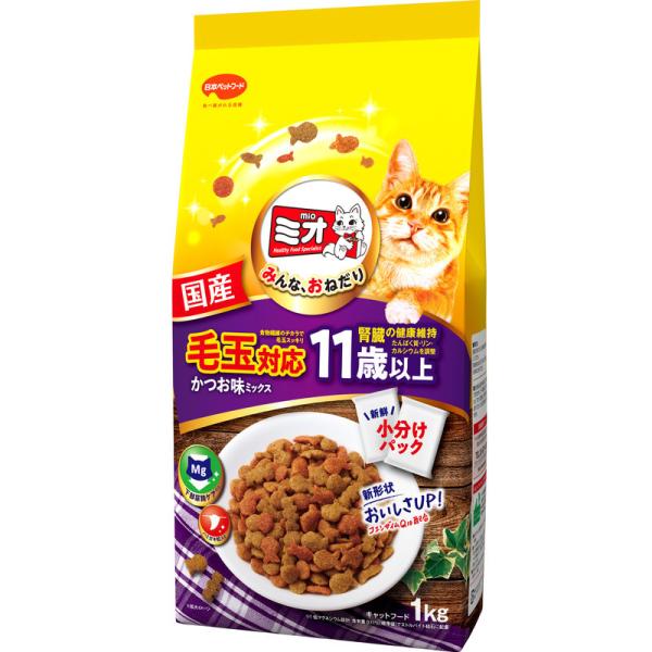 日本ペットフード ミオドライミックス 毛玉対応 11歳以上かつお味 1kg 1ケース10個セット