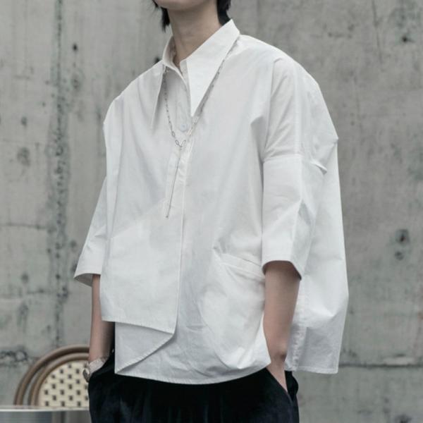 long point collar shirt ワイシャツ レディース 七分袖 おしゃれ ブラウス ...