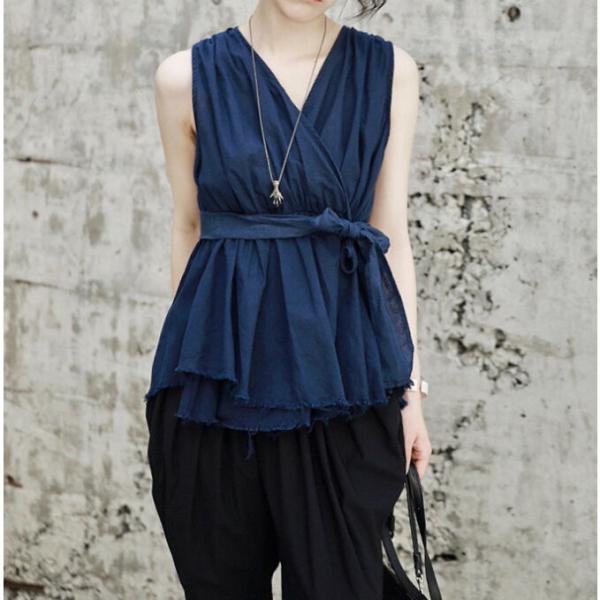 blue cut sleeveless shirtレディース ブラウス コットンリネン ノースリーブ...