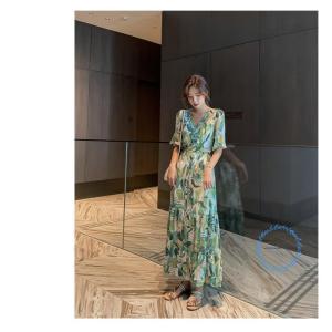 レディースワンピース半袖ロングマキシ丈花柄ボタ...の詳細画像2