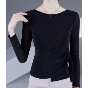 ウエストシェイプでお腹をカバーする女性用トップス ラウンドネック長袖Tシャツ メッシュシャツ