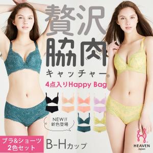 ブラジャー ショーツ セット 補正下着 補整 育乳 バストアップ 贅沢脇肉キャッチャー  Happy Bag 下着 脇高 ブラ 谷間 上下  ブルー/イエロー