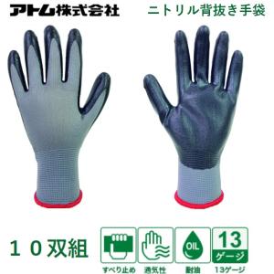 背抜き手袋 ニトリル Mサイズ 10双組 耐油性 フラットコーティング  機械工作洗浄 農作業 園芸 運搬作業 土木 建設 BP-147 アトム