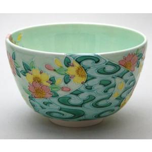 茶道具 抹茶茶碗 白緑交趾焼き 桜に観世水 山本一如作