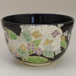 茶道具 抹茶茶碗 黒仁清写し 紫陽花 宮地英香作