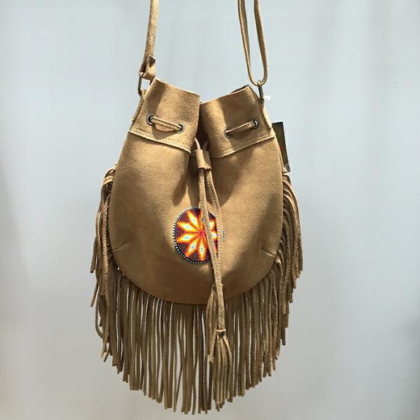 【本格スエードバッグ】エクアドル先住民手作り ネイティブ フリンジスウェードバッグ
