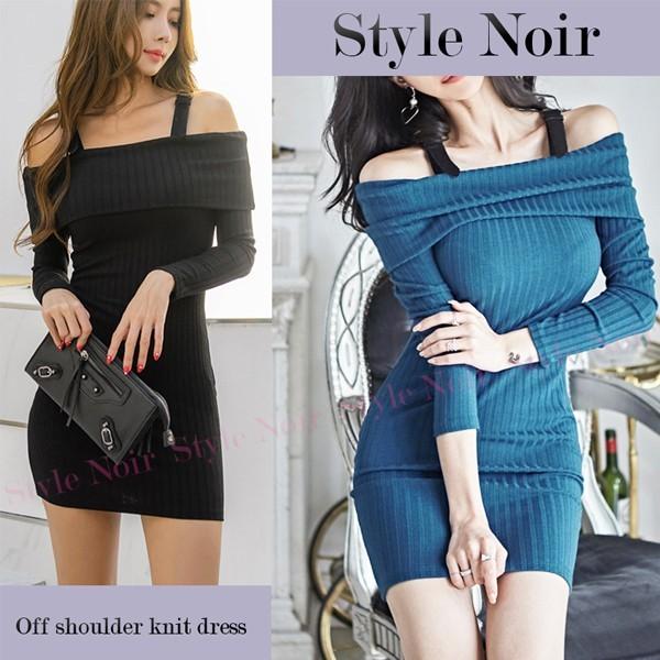 オフショルダー ワンピース ミニ タイト ブラック ブルー カジュアル レディース