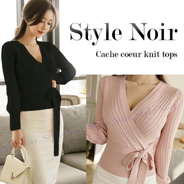 カシュクール リブニット トップス タイト ピンク ブラック リボン レディース