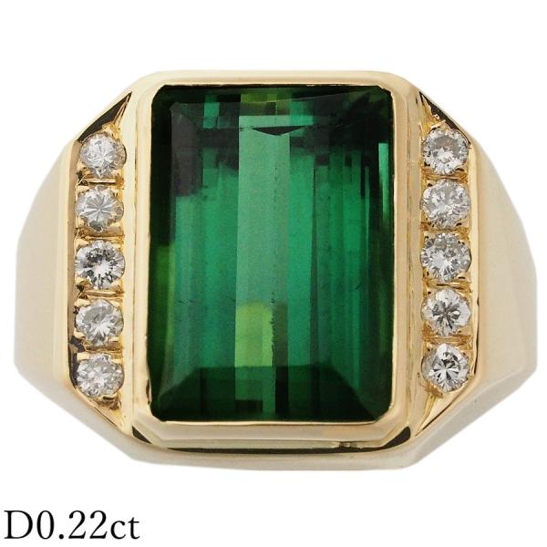 トルマリン ダイヤ/0.22ct 印台 メンズ シグネット リング K18YG 18号