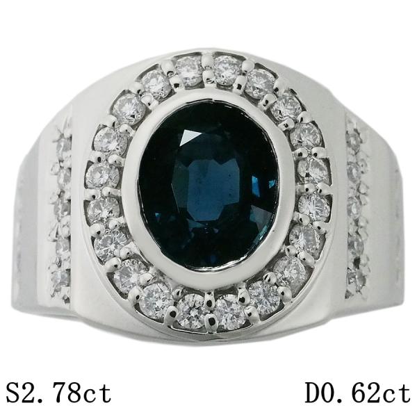 サファイア/2.78ct ダイヤ/0.62ct 印台 メンズ リング Pt900 15号 ソーティン...