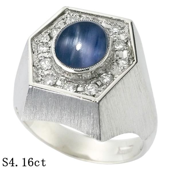 スターサファイヤ/4.16ct メンズ 印台 リング Pt900 21.5号