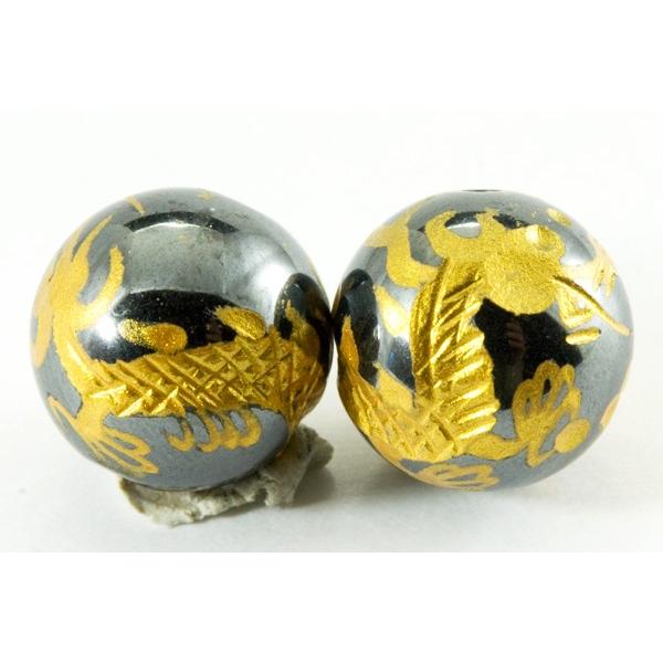 ヘマタイト12mm 金彫り 五爪龍 彫刻 一粒売りビーズ ブラジル産 天然石 パワーストーン