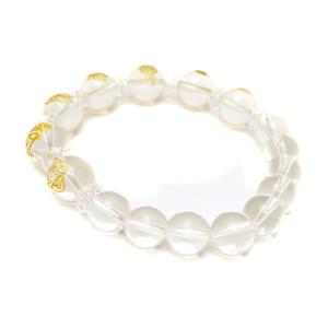 高品質 天然石 金彫り七福神 水晶 12mm クラック水晶 ブレスレット