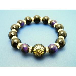オニキス菊紋章・テラヘルツブレスレット 菊紋章』金彫り 16mm オニキス ブルーゴールドストーン ブレスレット