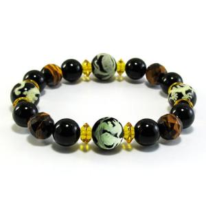 銀彫り 水晶九字護身数珠「陰陽太極図」オニキス「四神獣」最強護身