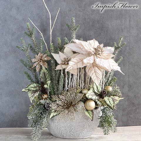 クリスマス アレンジメント ポインセチア 造花 豪華 卓上 アレンジ インテリア 白 M-506