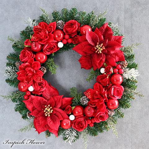 クリスマスリース ポインセチア 玄関 赤 豪華 造花 クリスマス リース おしゃれ W-1019