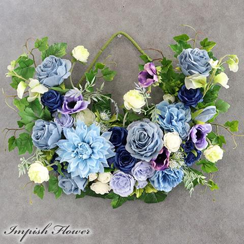 造花 壁掛け インテリア リース 青 アーティフィシャルフラワー 特大 豪華 アレンジメント  W-...