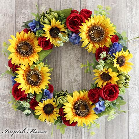 造花 ひまわり リース 向日葵 大きい 大サイズ 大型 壁掛け 玄関 フラワーリース アレンジ おし...