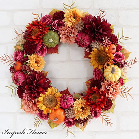 造花 リース 秋 玄関 壁掛け フラワーリース ハロウィン アートフラワー アレンジ おしゃれ W-...