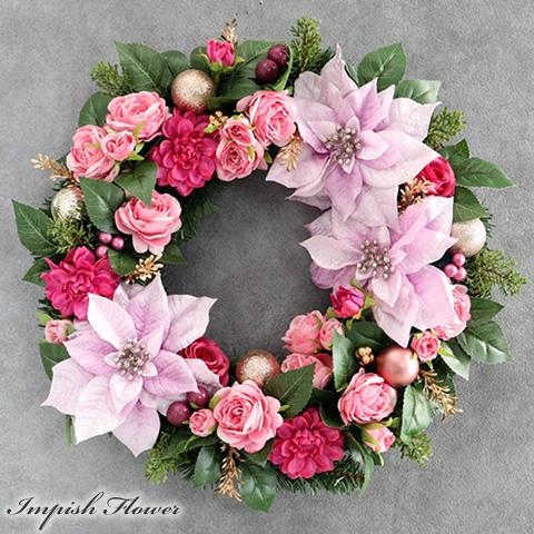クリスマスリース 造花 大きい 45cm ポインセチア 豪華 クリスマス リース ピンク おしゃれ ...