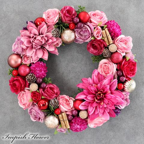クリスマスリース 壁掛け 33cm 豪華 クリスマス リース ピンク おしゃれ 造花 フラワーリース...