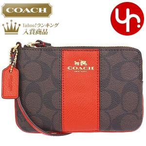 コーチ COACH 小物 ポーチ F64233 ブラウン×カーマイン ラグジュアリー シグネチャー PVC レザー コーナー ジップ リストレット アウトレット レディース