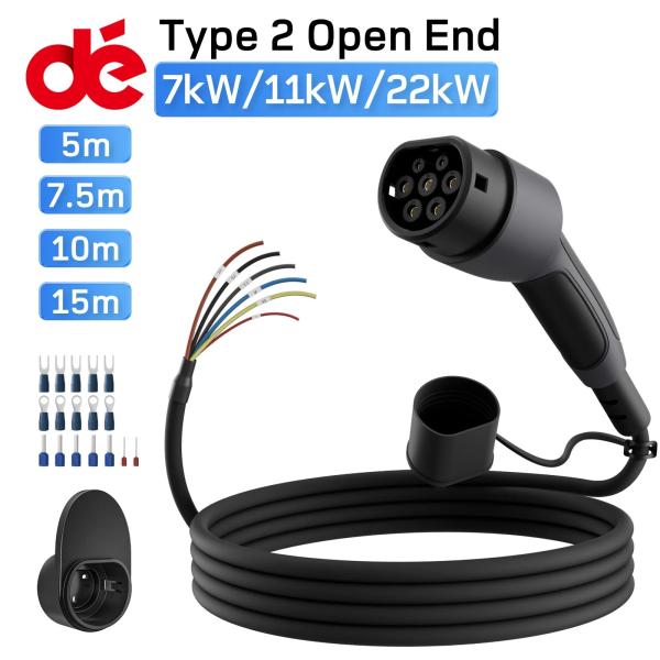 d〓 Type 2 EV充電ケーブル オープンエンドワイヤー 11kW 3相 32A 5m 7.5m...