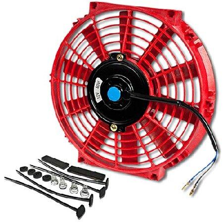 ユニバーサル 10インチ 高性能電気スリムラジエーター冷却ファン 取り付けキット付き 12V レッド...
