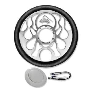 DEMOTOR PERFORMANCE 14インチ ビレット クローム フレーム ハーフラップ ブラック レザー ハンドル＆ホーンボタン 並行輸入品｜import-express-net