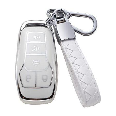 CHEZENHUI フォードキーフォブカバー レザーストラップ付き カーキーケース シェル保護 フォ...