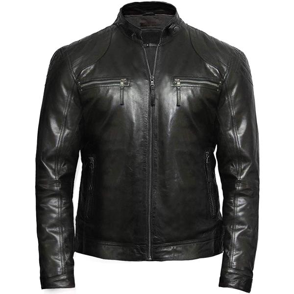 【並行輸入品】ブラックレザージャケット メンズ カフェレーサー リアルラムスキンレザー ダメージ加工...