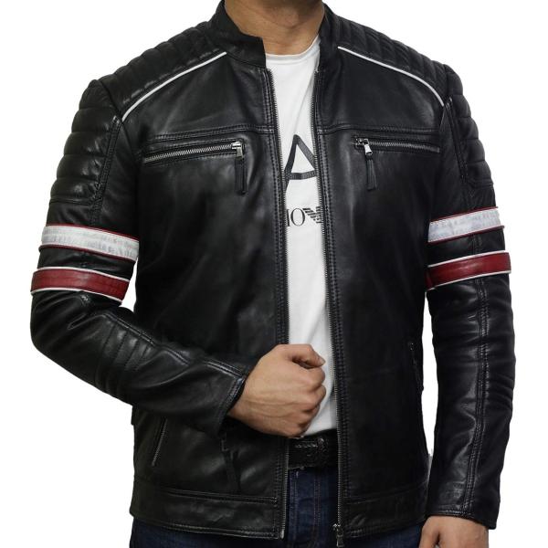 【並行輸入品】Black Leather Jacket Mens   Cafe Racer Real...