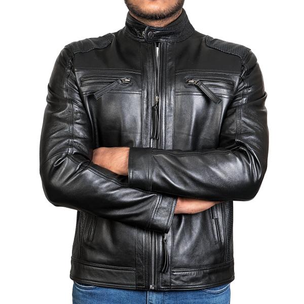 【並行輸入品】HIGOBO 本革ブラックレザージャケット メンズ カフェレーサー ラムスキン レザー...