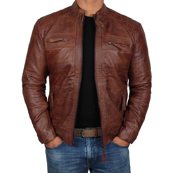 【並行輸入品】Brown Leather Jacket Mens   Cafe Racer Real...
