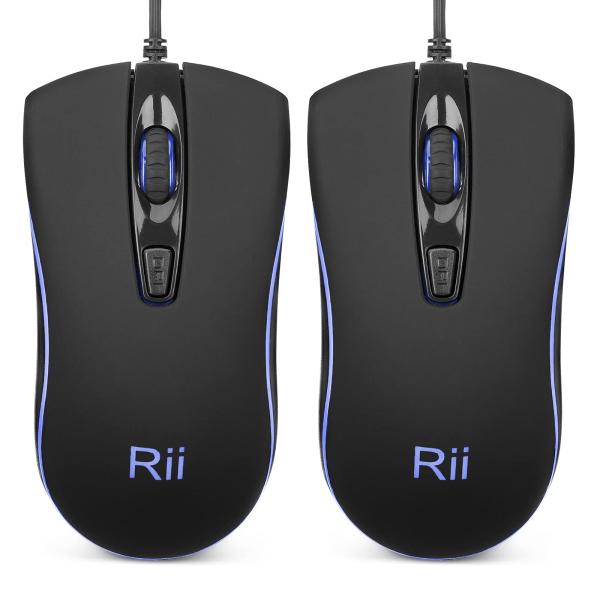 Rii 有線マウス コンピューターマウス ブルーバックライト付き USBマウス 1600 DPI レ...
