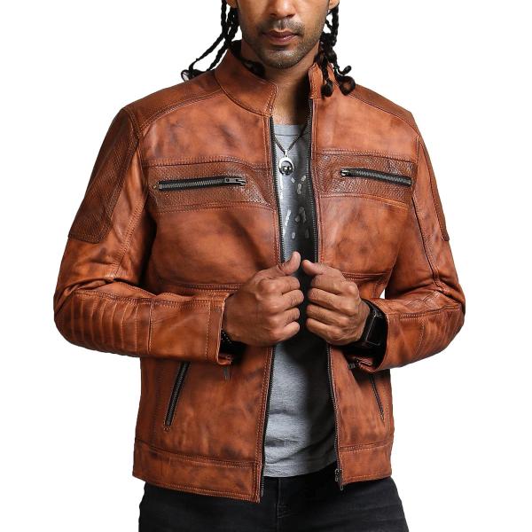 【並行輸入品】Men's Brown Waxed Biker Jacket   Cafe Racer...