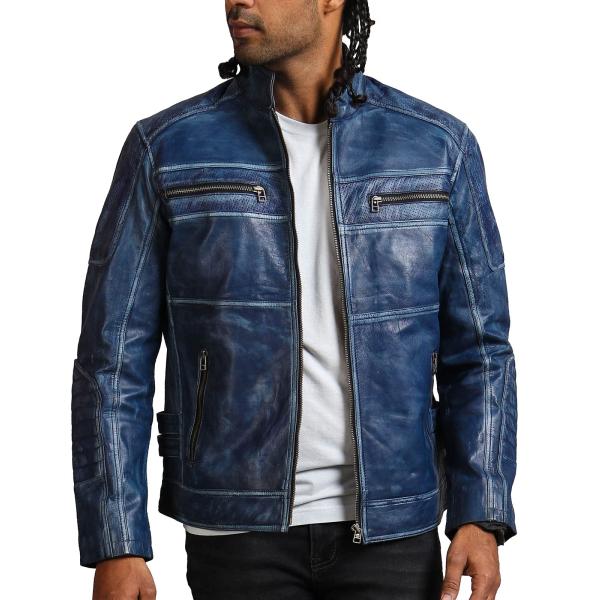 【並行輸入品】Blue Cafe Racer Leather Jacket   Men's Fash...